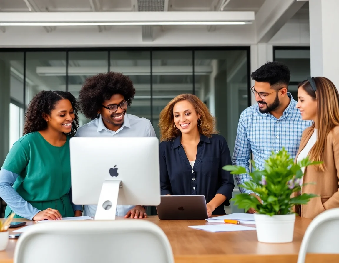 A diverse team of entrepreneurs collaborating in a modern office setting