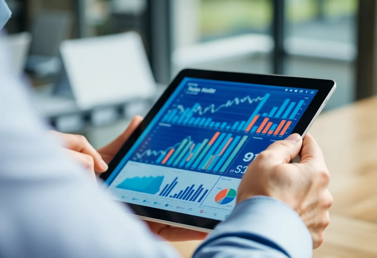 A person analyzing business growth charts and financial data on a tablet.