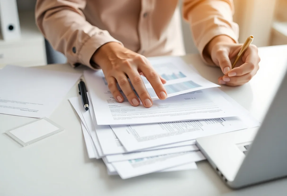 A person organizing documents and paperwork on a clean desk.